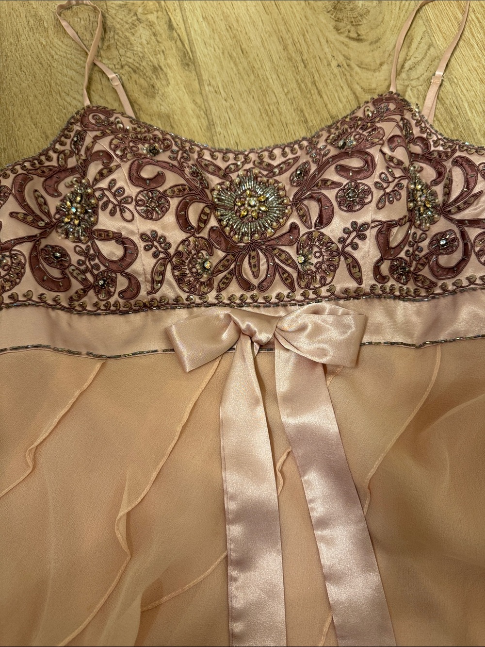 Sue Wong Peach and Mauve Beaded Tiered Chiffon Cocktail Dress - Picture 2 of 11